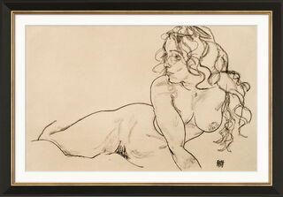 Bild "Sich aufstützender weiblicher Akt mit langem Haar" (1918), gerahmt von Egon Schiele