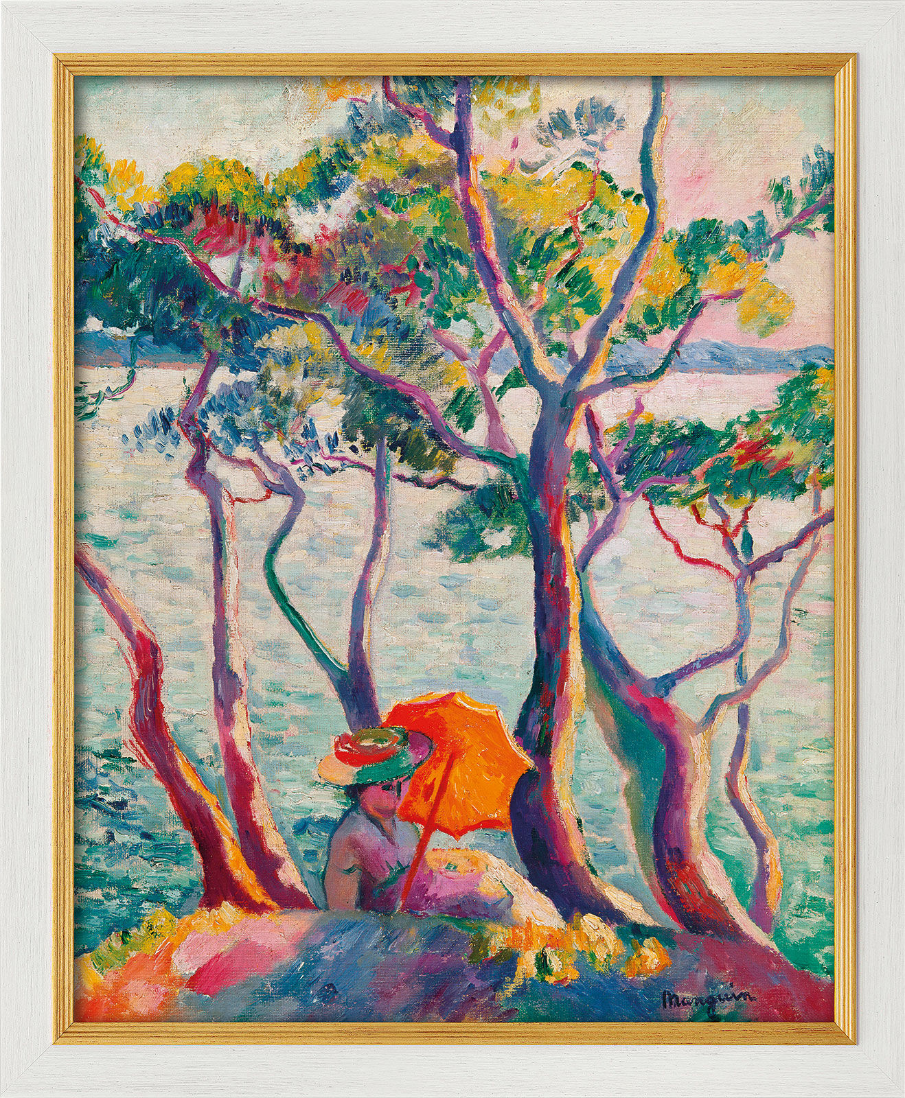 Picture "Jeanne à l'ombrelle, Cavalière" (1905/1906), white and golden framed version by Henri Manguin