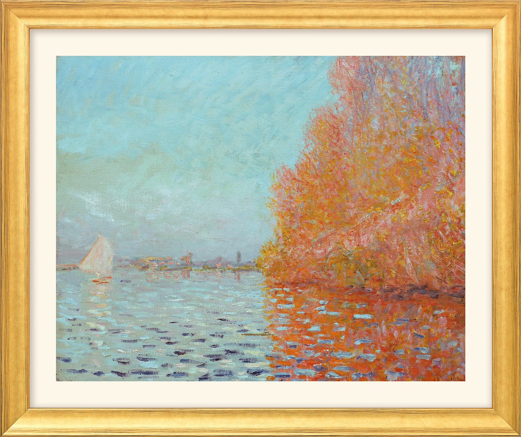 Bild "Die Bucht von Argenteuil mit einem Segelboot" (1874), Version goldfarben gerahmt von Claude Monet
