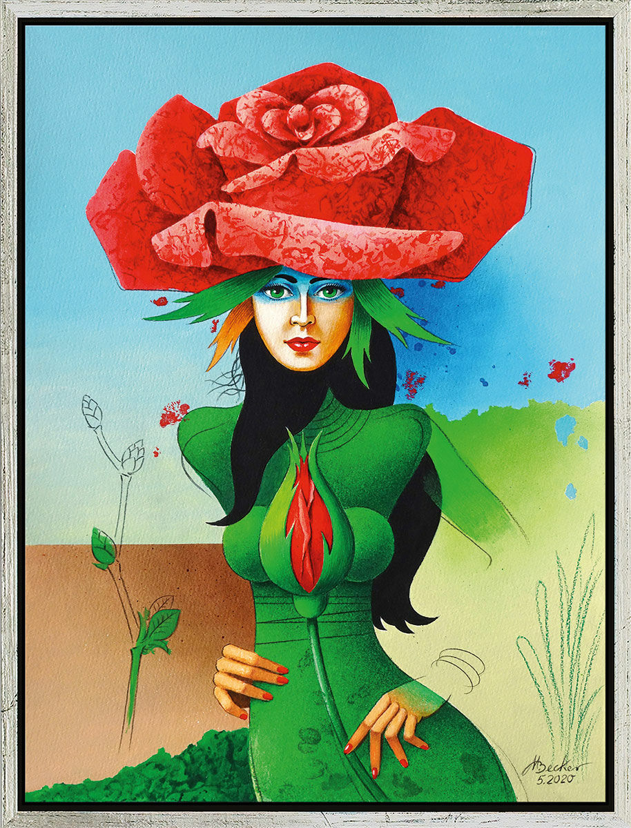Bild "Im Schutz der roten Rose" (2020), gerahmt von Michael Becker