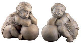 Set of two replicas "Cherubs from the Fugger Chapel II + III", cast stone antique finish