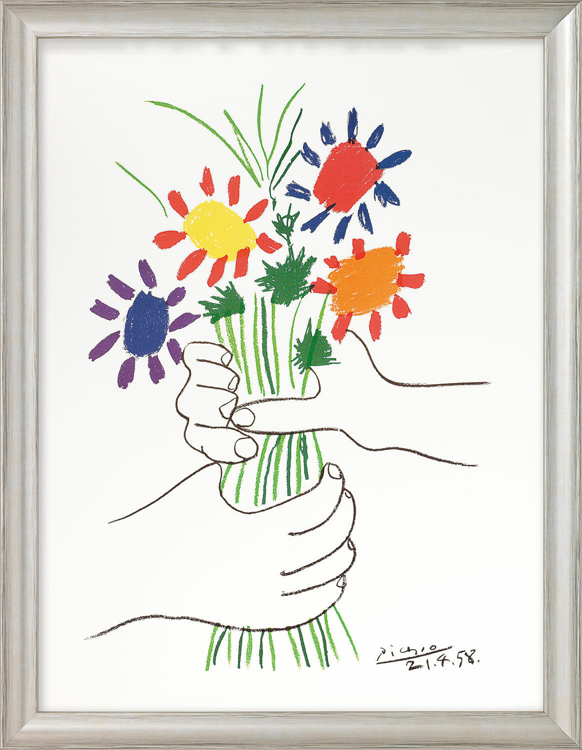 Bild "Hände mit Blumenstrauß" (1958), gerahmt von Pablo Picasso
