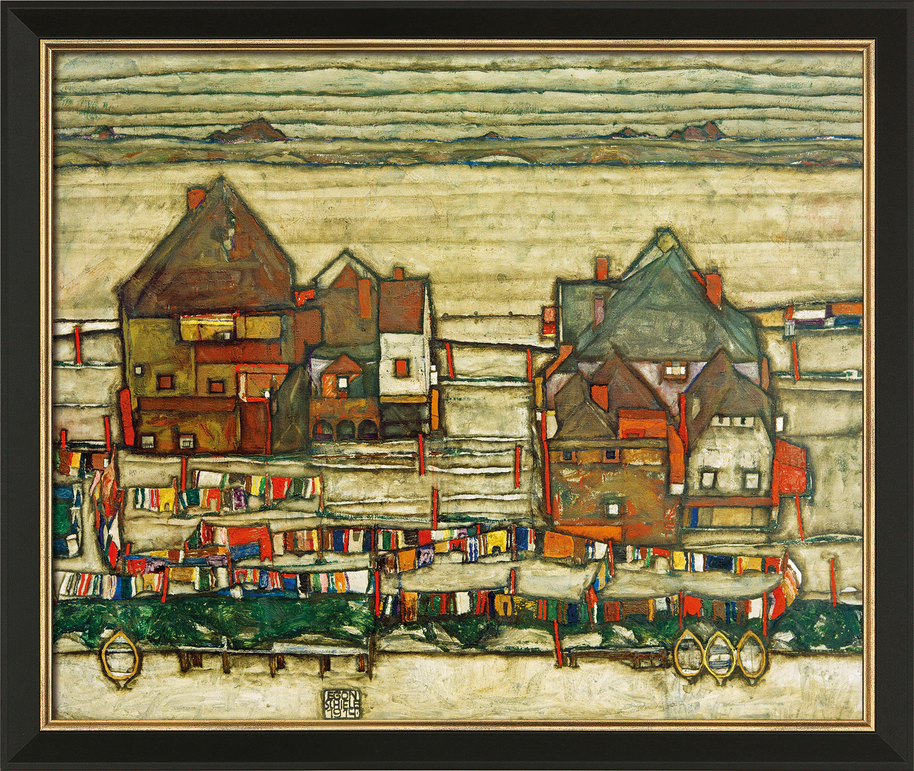 Bild "Häuser mit bunter Wäsche (Vorstadt II)" (1914), gerahmt von Egon Schiele