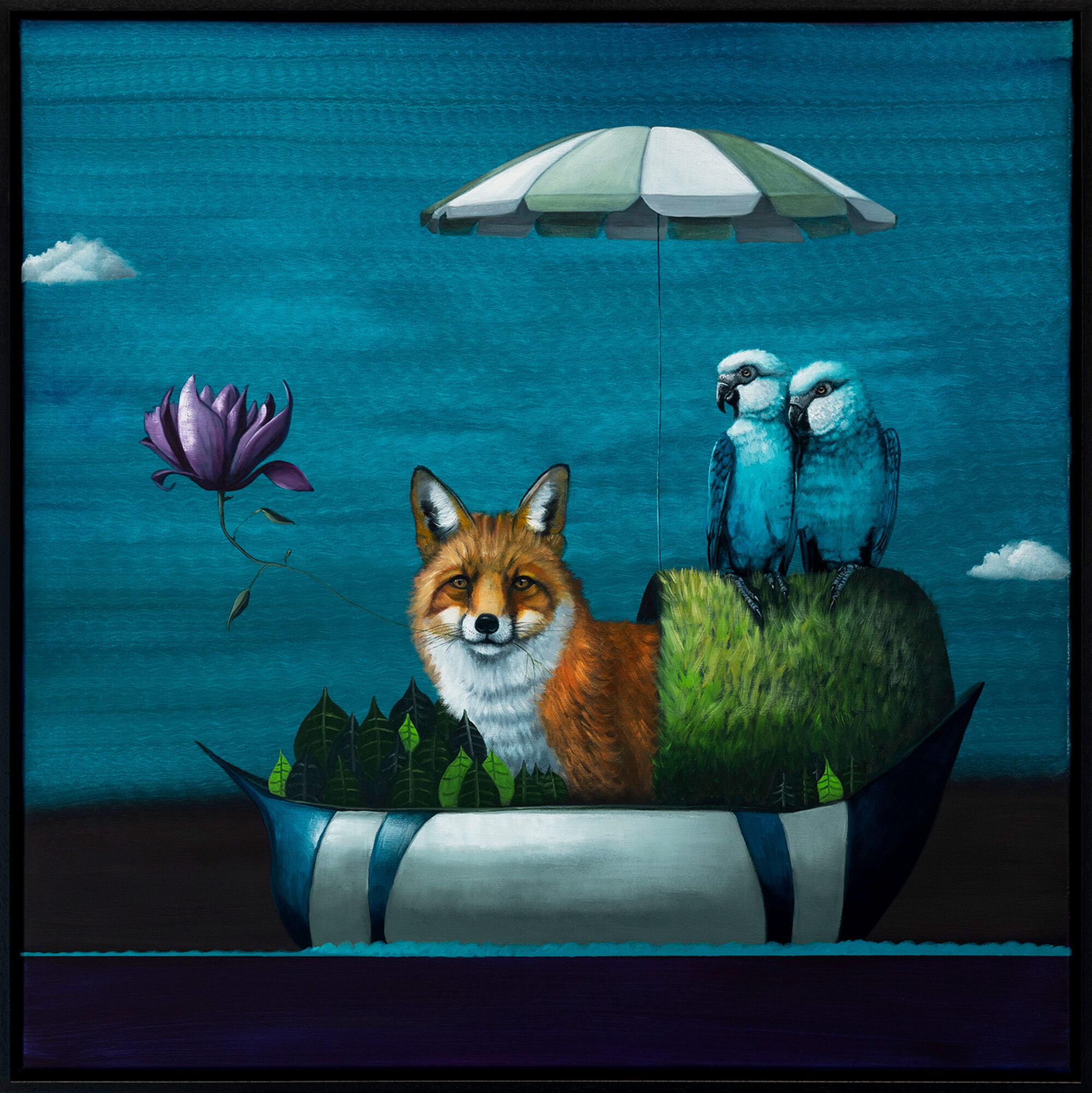 Billede "Series Wanderlust | Red Fox and Spix's Macaw" (2023) (Unikt værk) von Lezzueck Coosemans