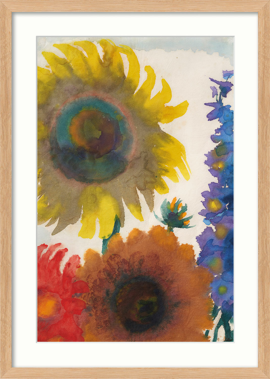 Bild "Sonnenblumen und Rittersporn" (um 1935), Version naturfarben gerahmt von Emil Nolde