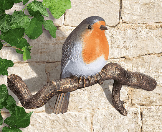 Tuinobject / wandsculptuur "Roodborstje op tak", brons