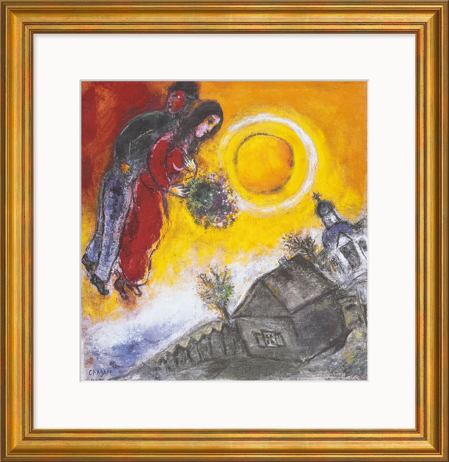 Quadro "Coppia nel cielo giallo" (1949), versione con cornice dorata di Marc Chagall