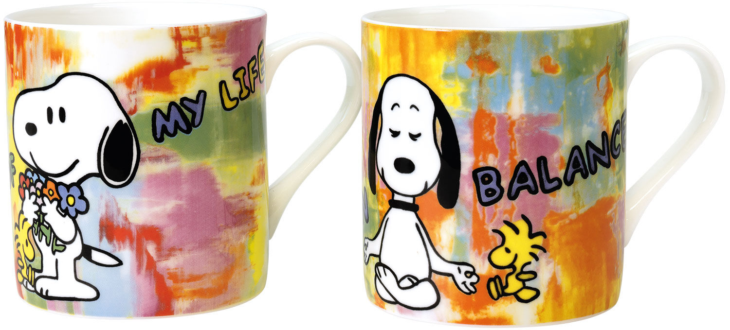 Lot de 2 tasses ornées des motifs de l'artiste « LOVE OF MY LIFE - FLOWERS » et « BE IN BALANCE », en porcelaine de Michael Pfannschmidt