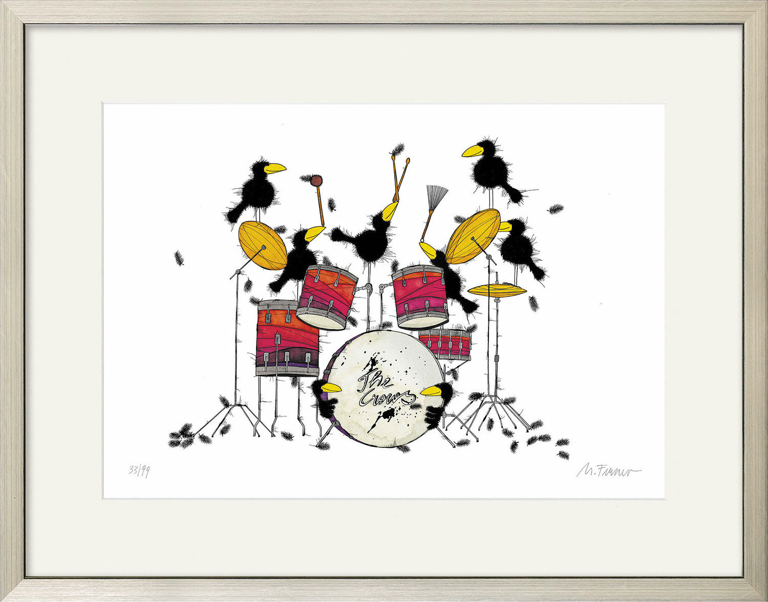 Bild "The Drummer Crows" (2021), gerahmt von Michael Ferner