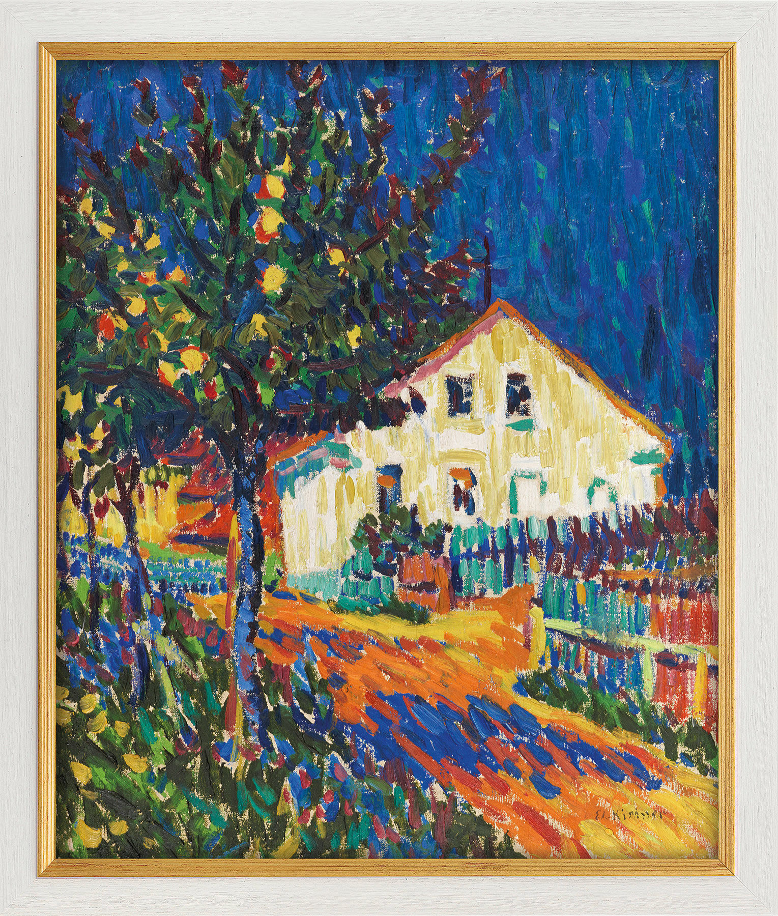 Picture "Village Street with Apple Trees" (1907), white and golden framed version by Ernst Ludwig Kirchner