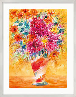 Bild "Blumenstrauß in rotgestreifter Vase" (2018) (Original / Unikat), gerahmt