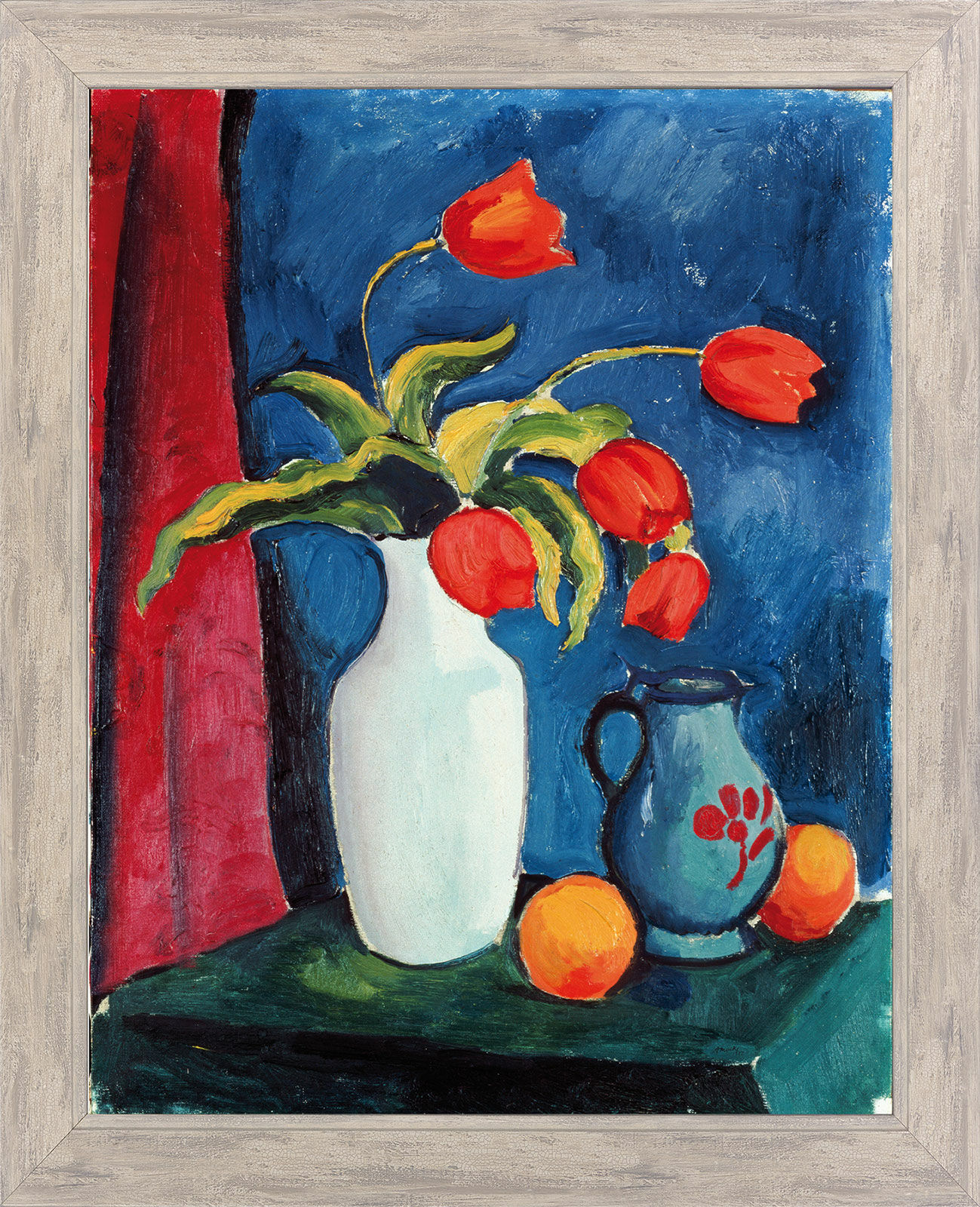 Bild "Rote Tulpen in weißer Vase" (1912), gerahmt von August Macke