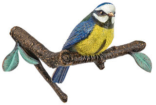 Statue de jardin / sculpture murale « Mésange bleue sur une branche », bronze