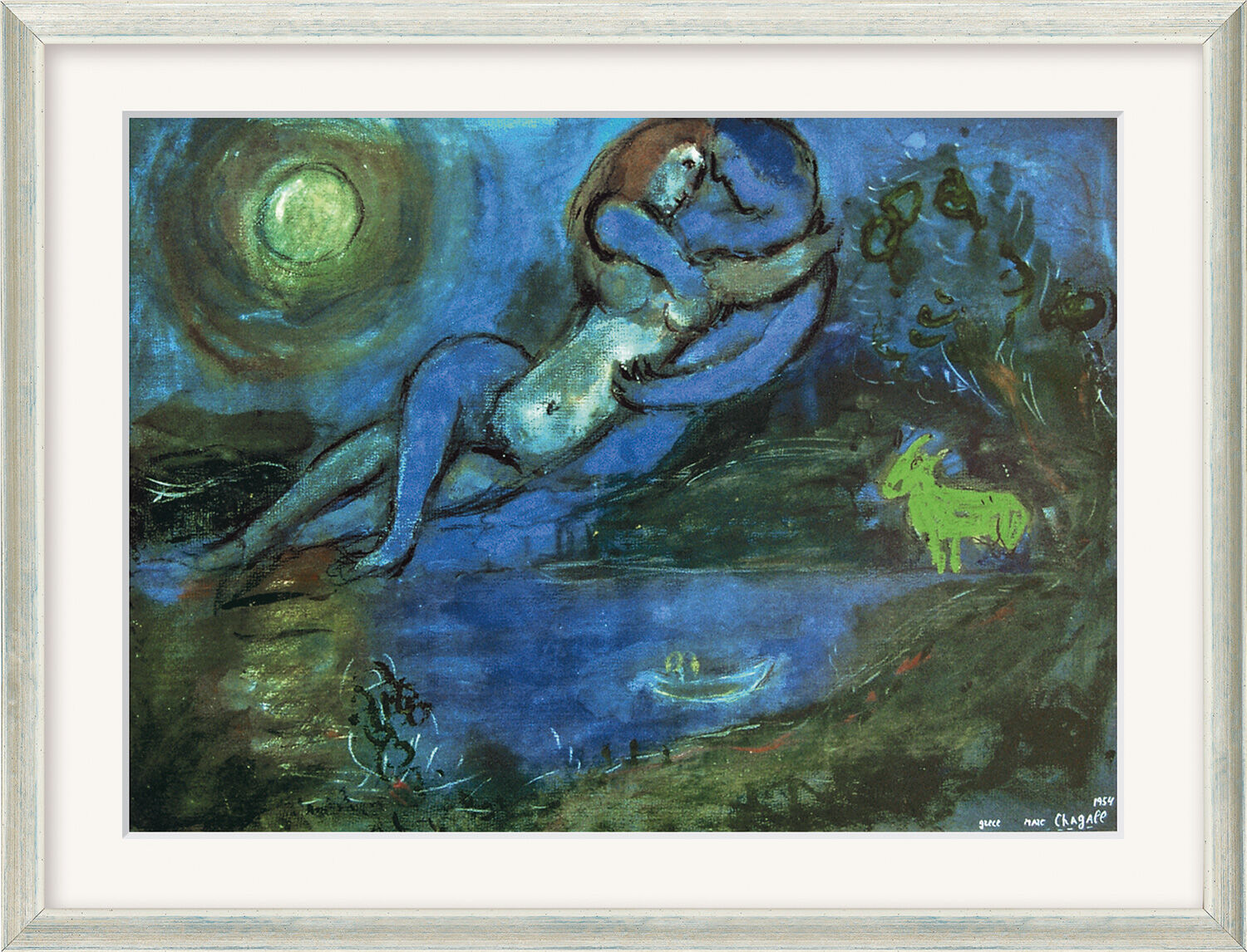 Tableau "Couple bleu au bord de l'eau" (1954), encadré von Marc Chagall