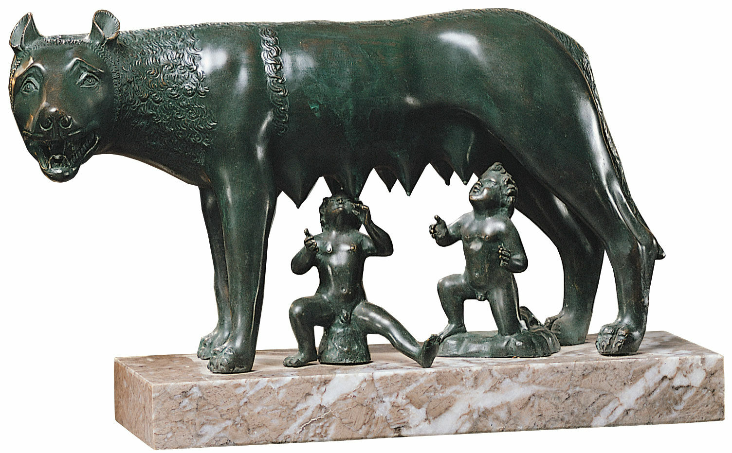 Skulptur "Den kapitolinske ulv med Romulus og Remus", version i limet bronze