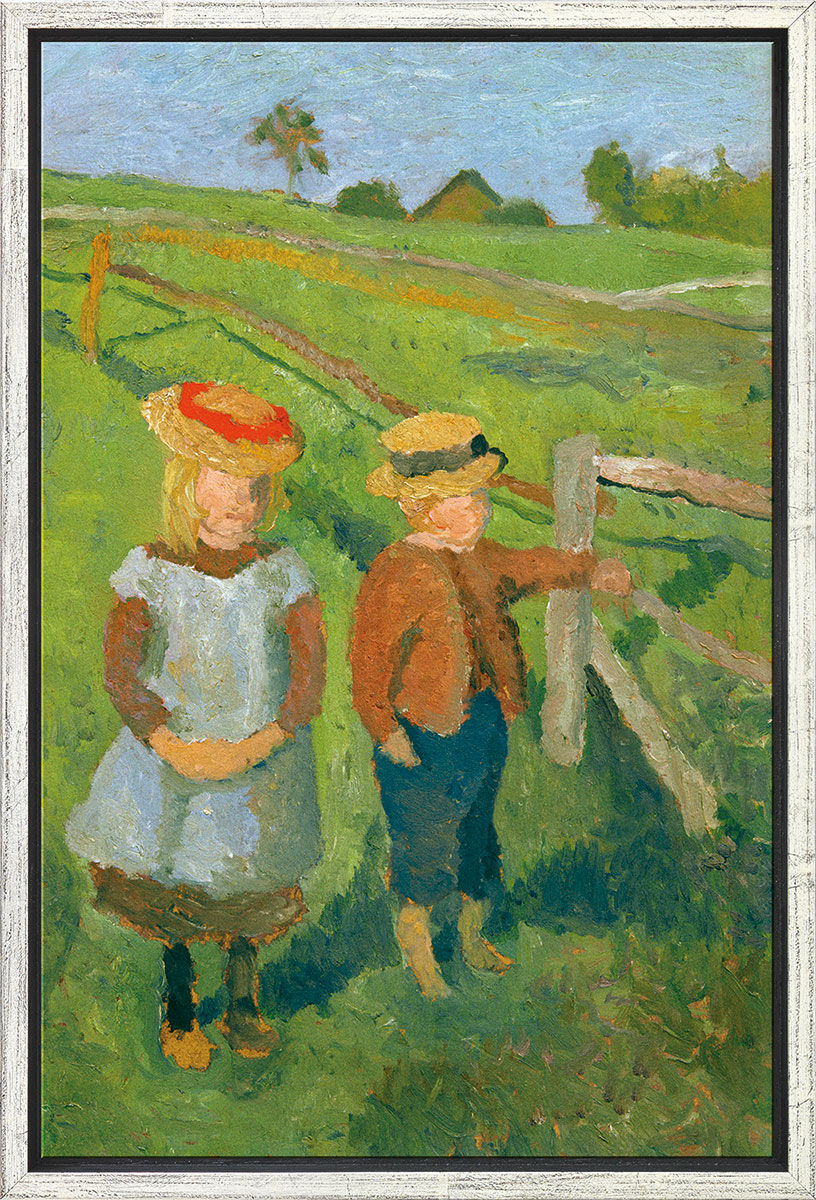 Picture "Two Children Standing in the Sun by the Meadow Fence" (1902), framed by Paula Modersohn-Becker