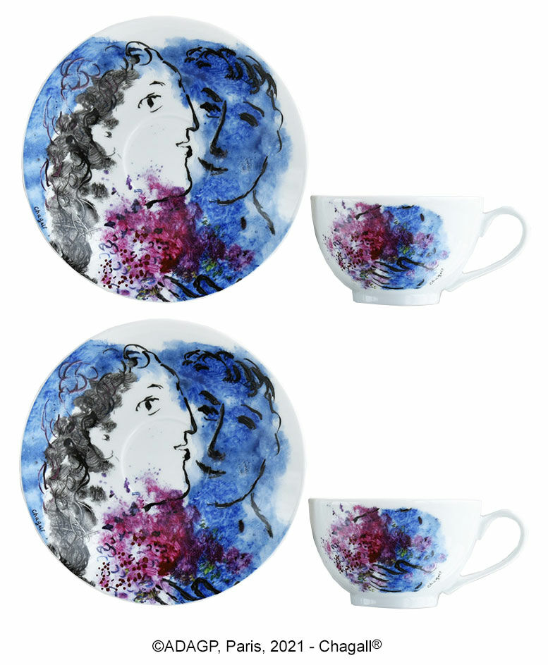 "Les Bouquets de fleurs" collection by Bernardaud - Set of 2 tea cups and saucers, porcelain by Marc Chagall