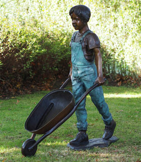 Garden sculpture "Paul with Wheelbarrow", bronze