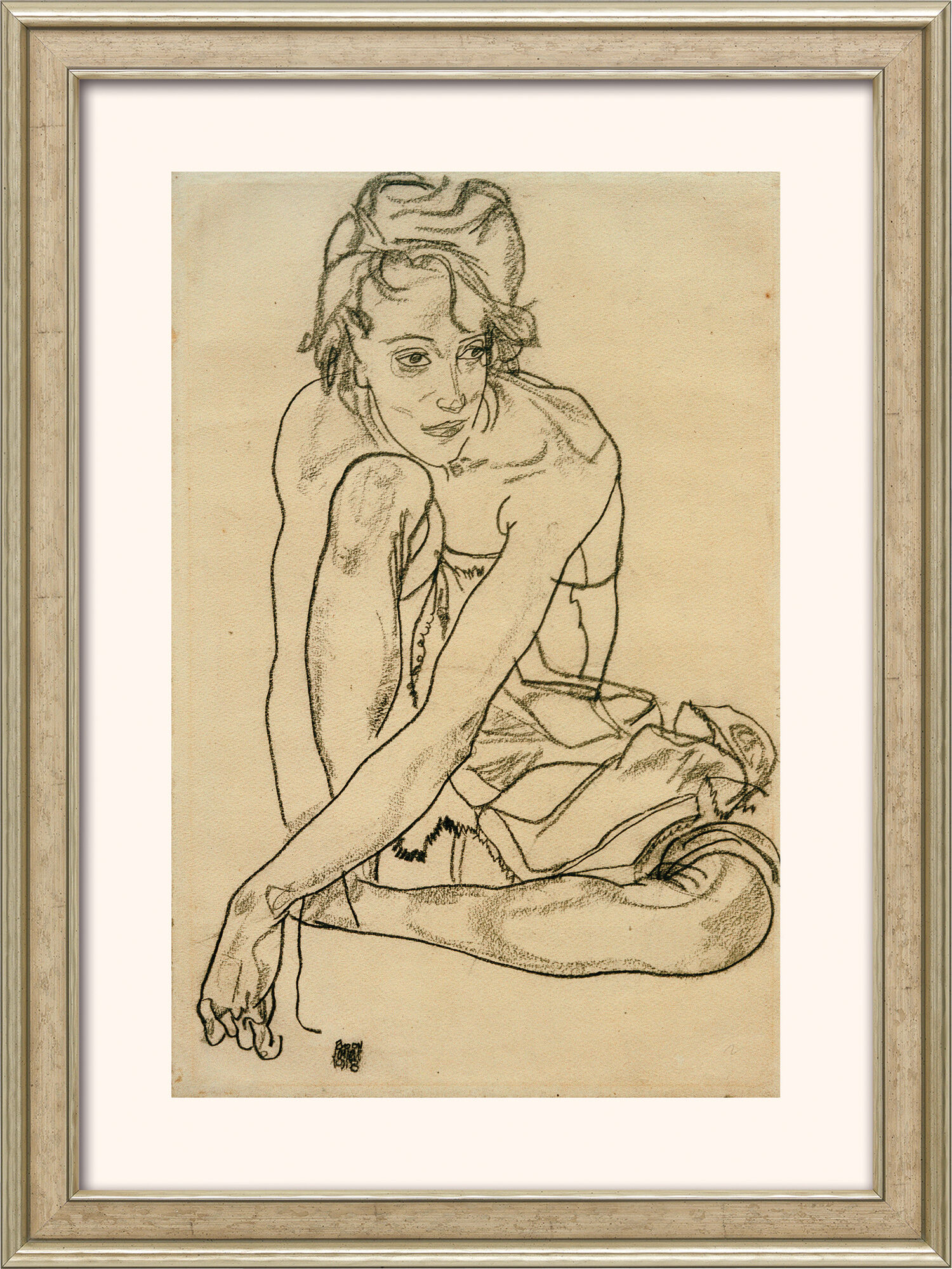 Tableau « Figure accroupie » (1918), encadré de Egon Schiele
