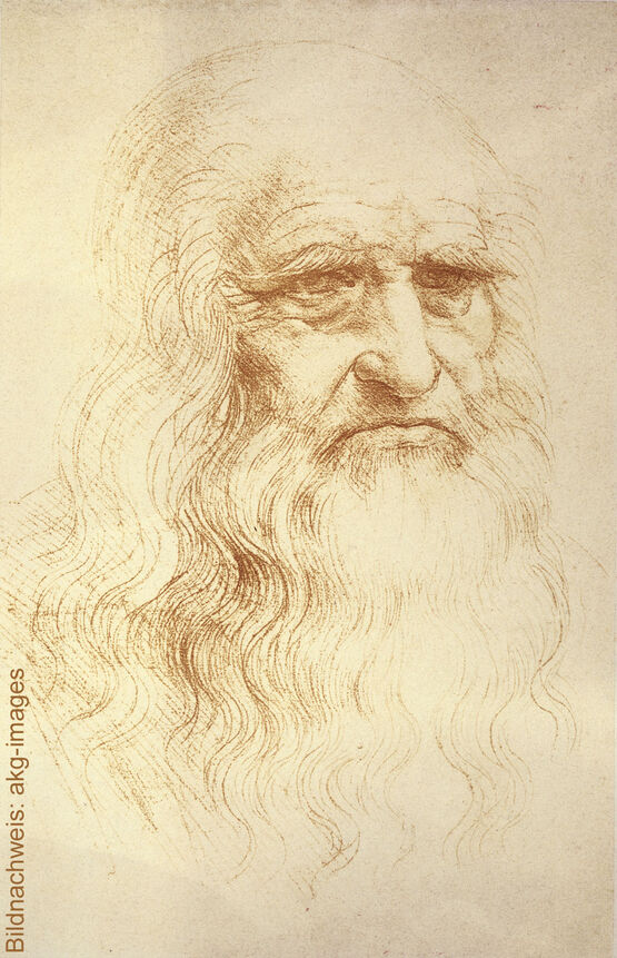 Leonardo da Vinci’s famous self-portrait depicting him as an older man, drawn in red chalk on paper.
