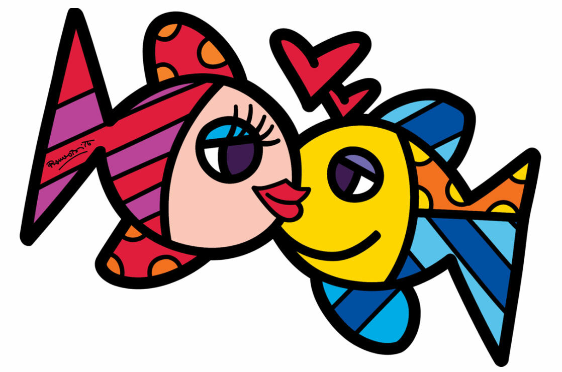 Panneau d'art / objet mural "Fishes Love" (amour des poissons) von Romero Britto