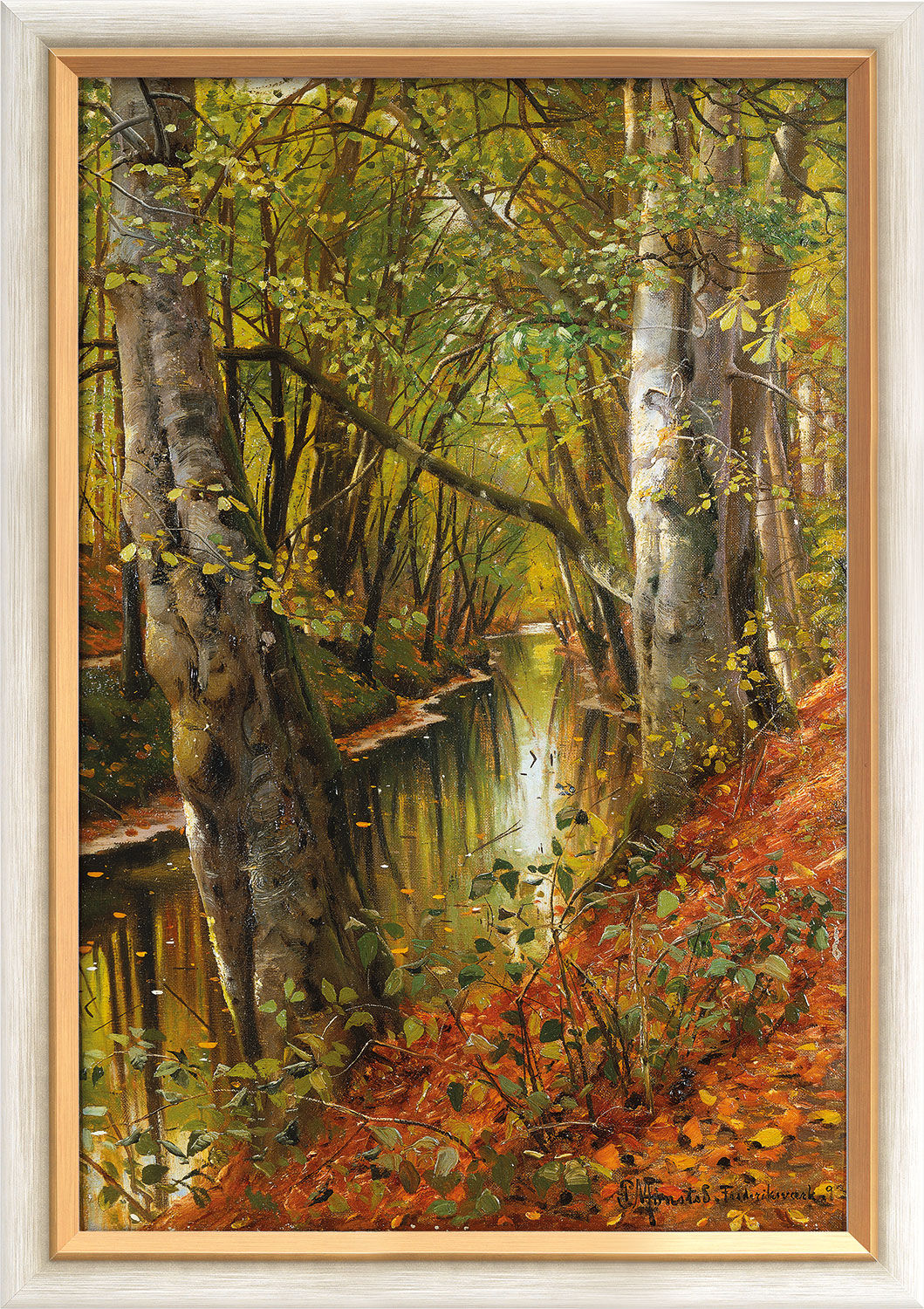 Bild "Ein Waldbach" (1893), gerahmt von Peder Mork Mönsted