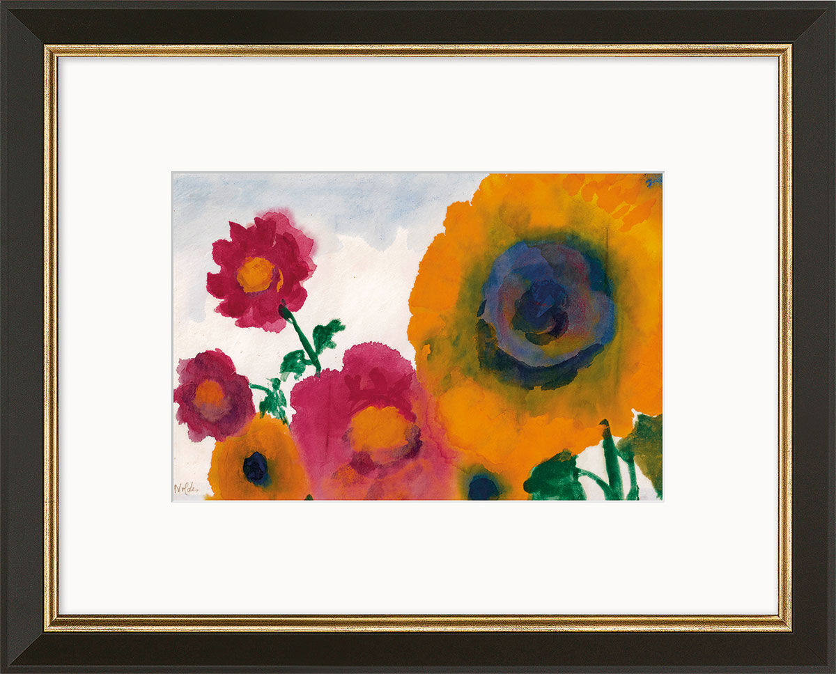 Cuadro «Girasol rojo y amarillo y flores de verano» (hacia 1930), versión con marco negro y dorado de Emil Nolde
