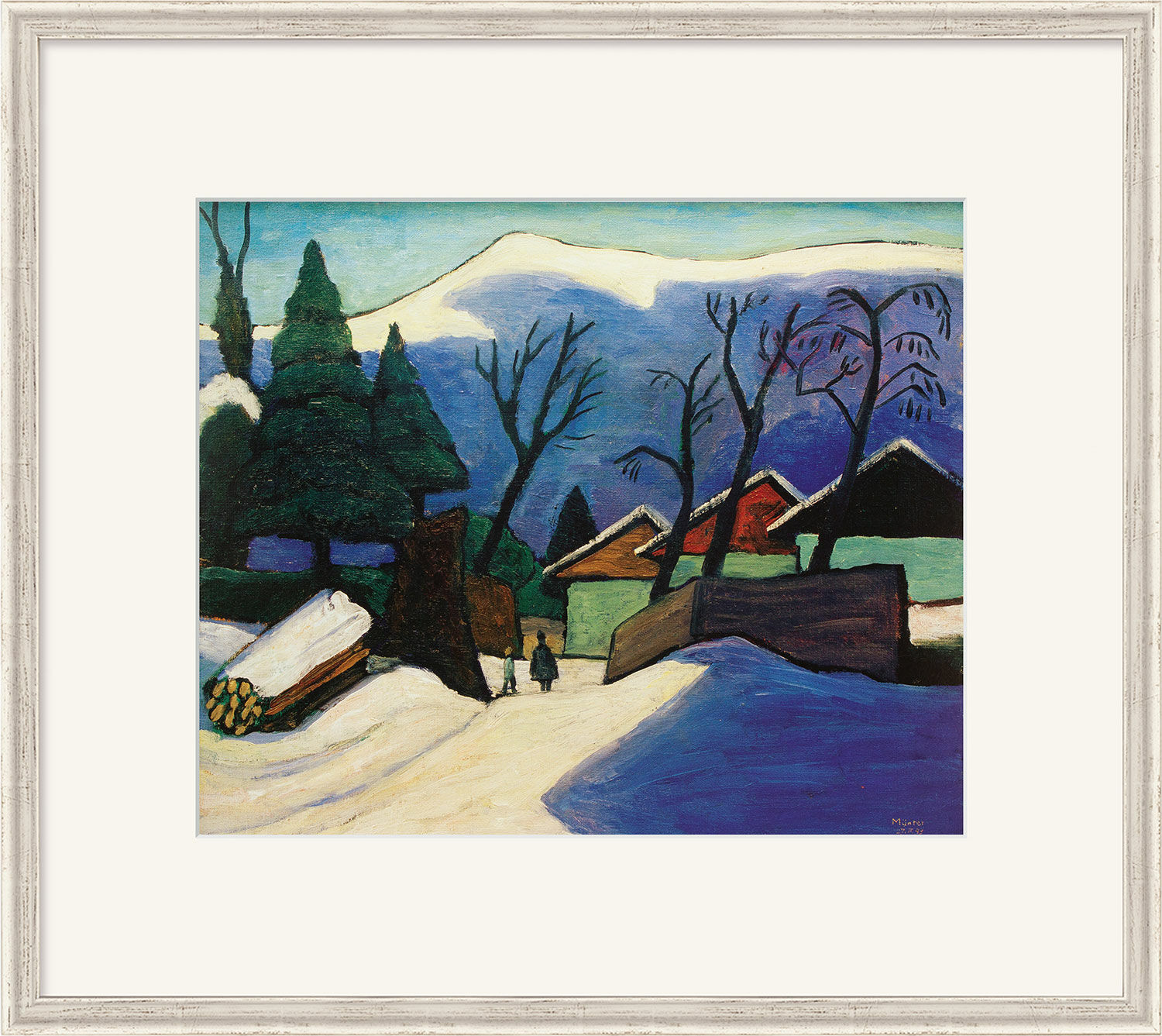 Beeld "Drie huizen in de sneeuw" (1933), ingelijst von Gabriele Münter