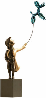 Skulptur "Junge mit blauem Ballonhund", Bronze von Miguel Guía