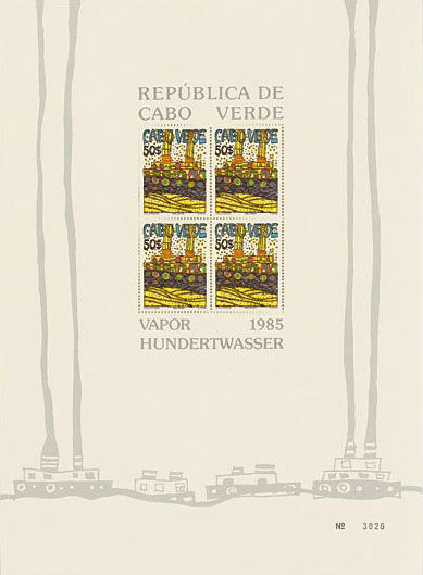 Picture "Vapor - The Cabo Verde Steamer". Special edition with 4 stamps à 50 Escudos, blue by Friedensreich Hundertwasser