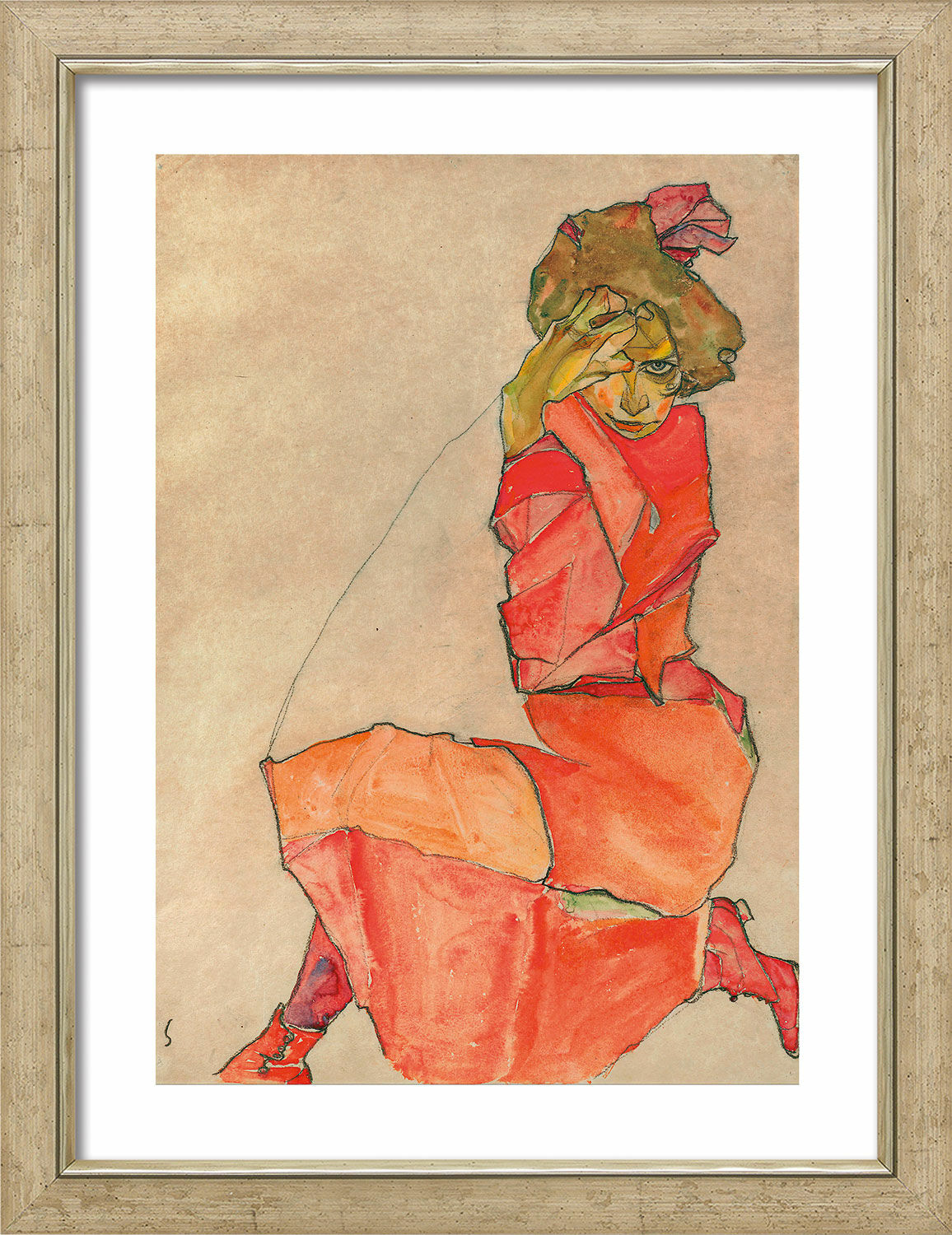 Billede "Knælende dame i orange-rød kjole" (1910), indrammet von Egon Schiele