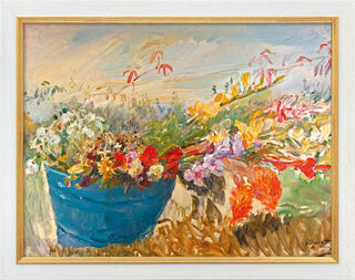 Picture "Flower Still Life in the Open Air" (1917), white and golden framed version by Max Slevogt