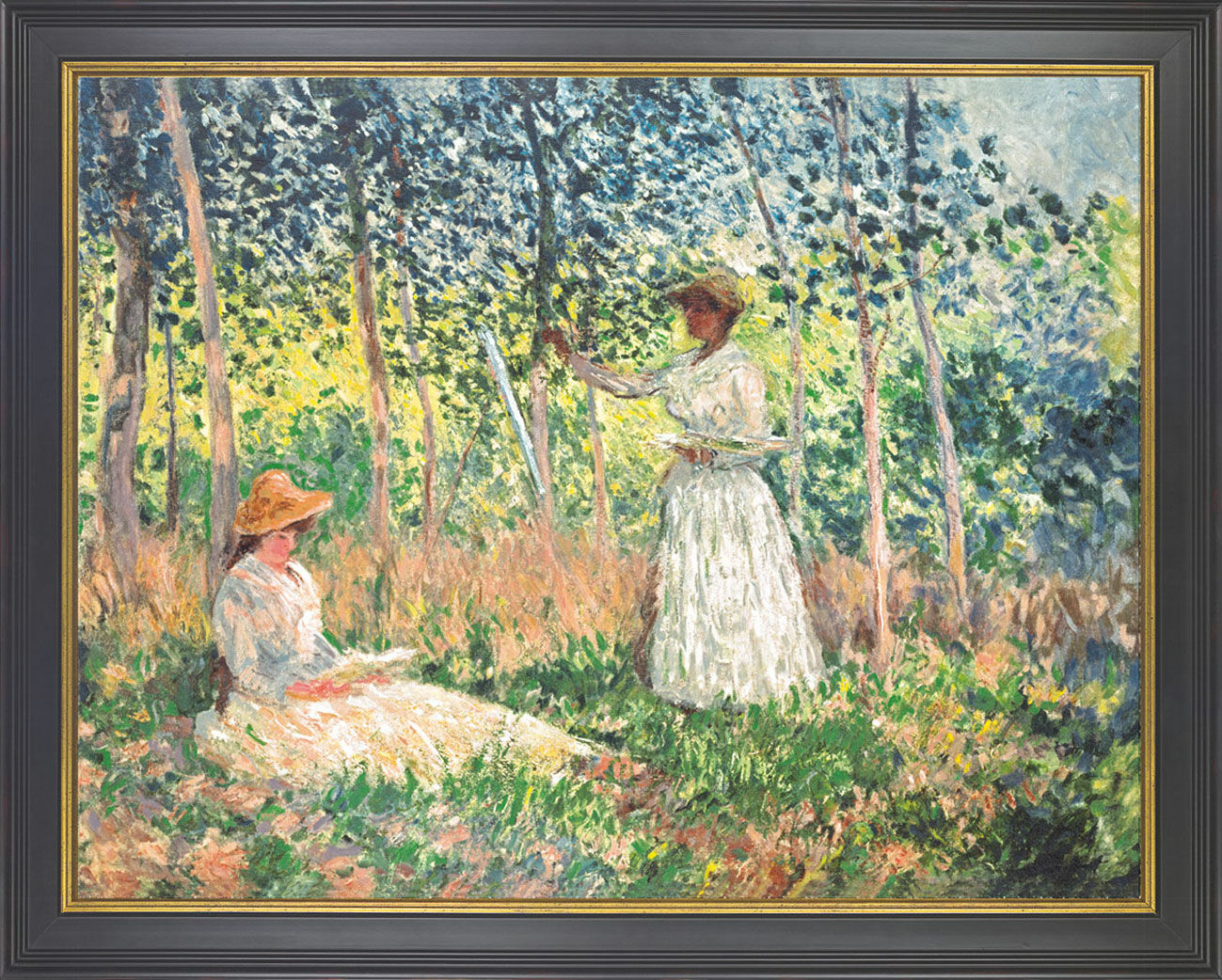 Bild "Suzanne und Blanche Hoschedé beim Lesen und Malen" (1890), gerahmt von Claude Monet