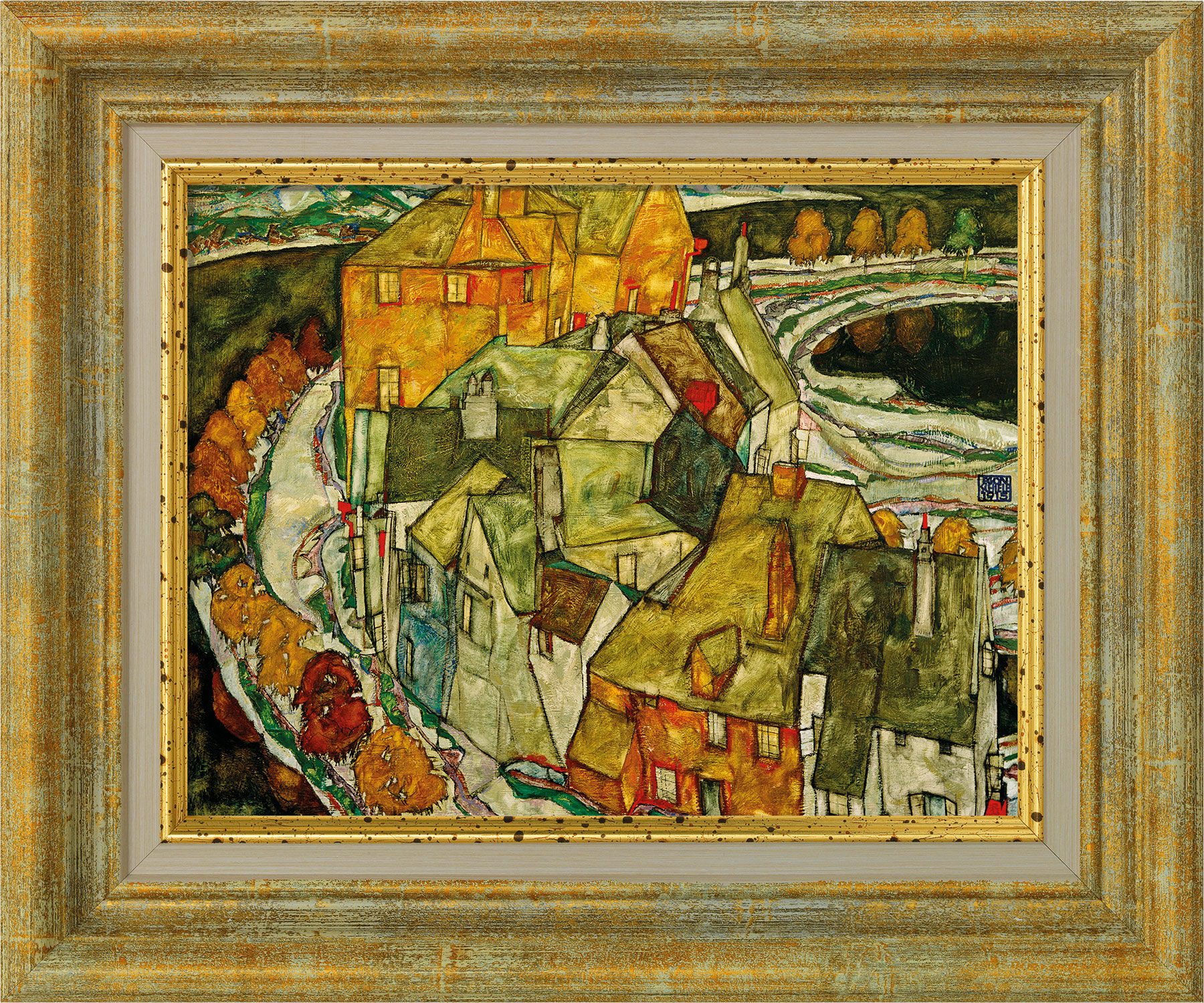 Picture "Crescent of Houses (Island Town)" (1915), framed by Egon Schiele