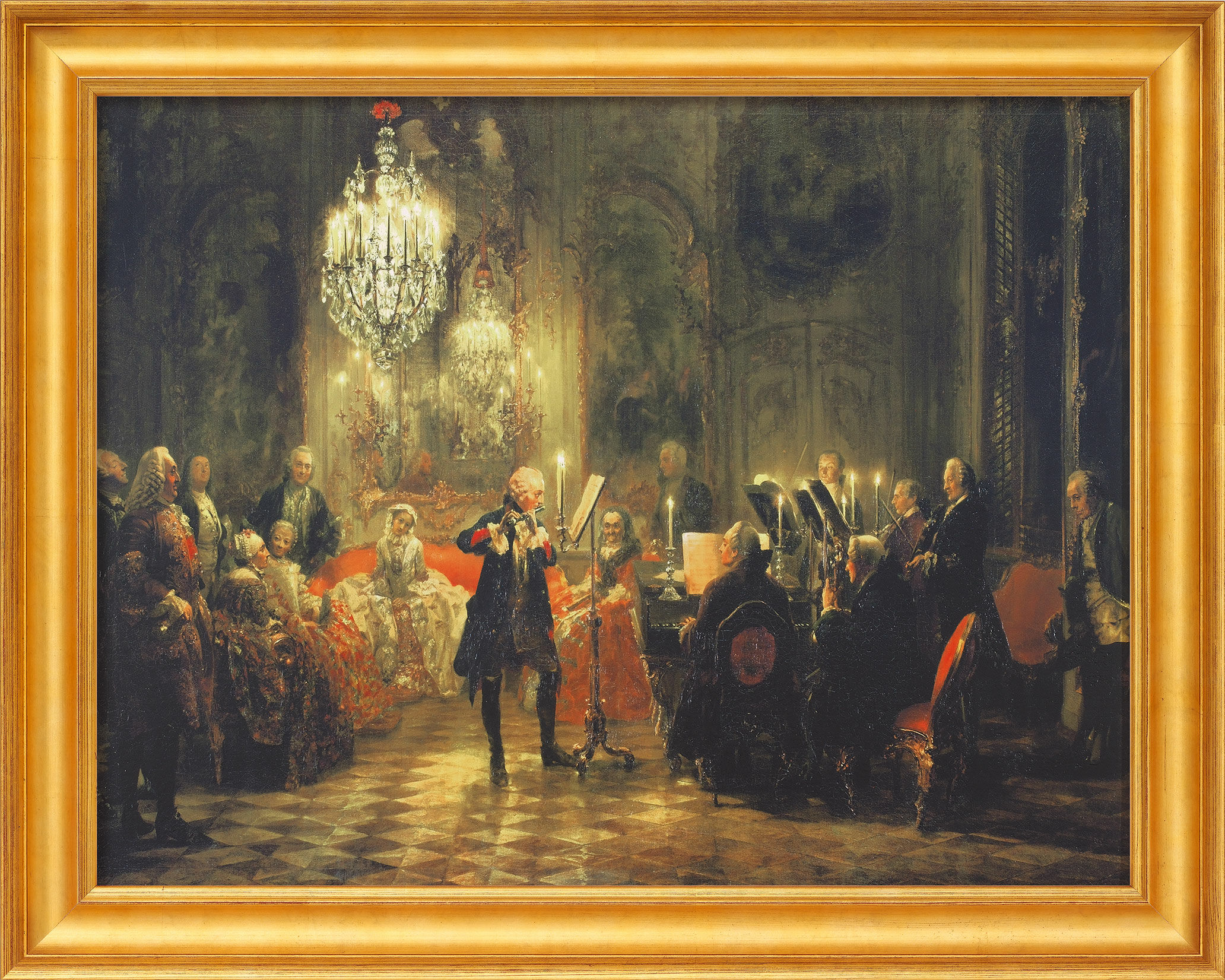 Beeld "Het fluitconcert van Frederik de Grote" (1852), ingelijst von Adolph von Menzel