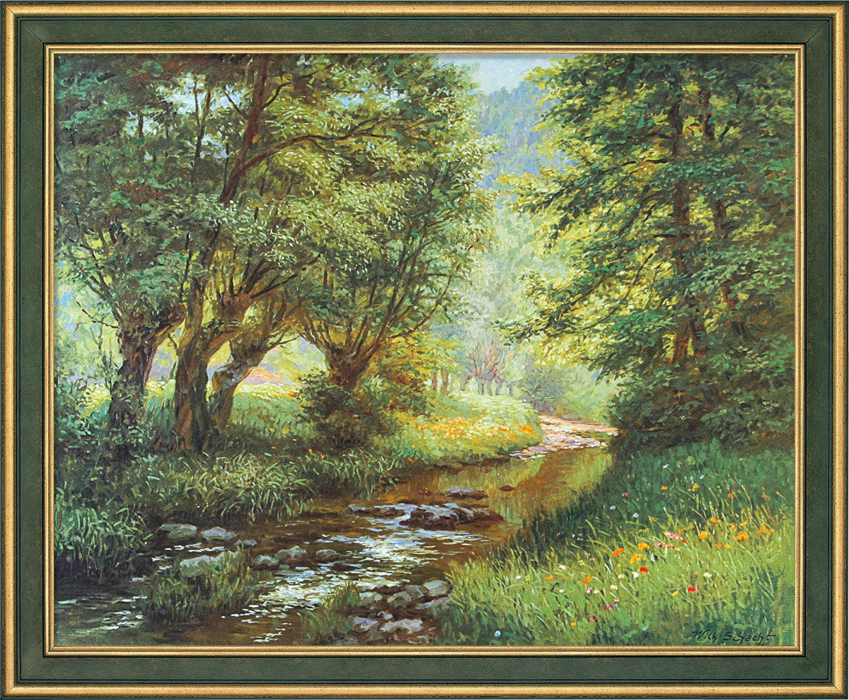 Tableau "Ruisseau à truites dans la forêt franconienne", encadré von Wilhelm Schacht