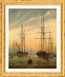 Bild "Ansicht eines Hafens" (um 1815/16), Version goldfarben gerahmt