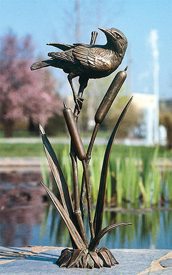 Garden sculpture "Starling on Reed Plant", bronze by Ernst Völkl