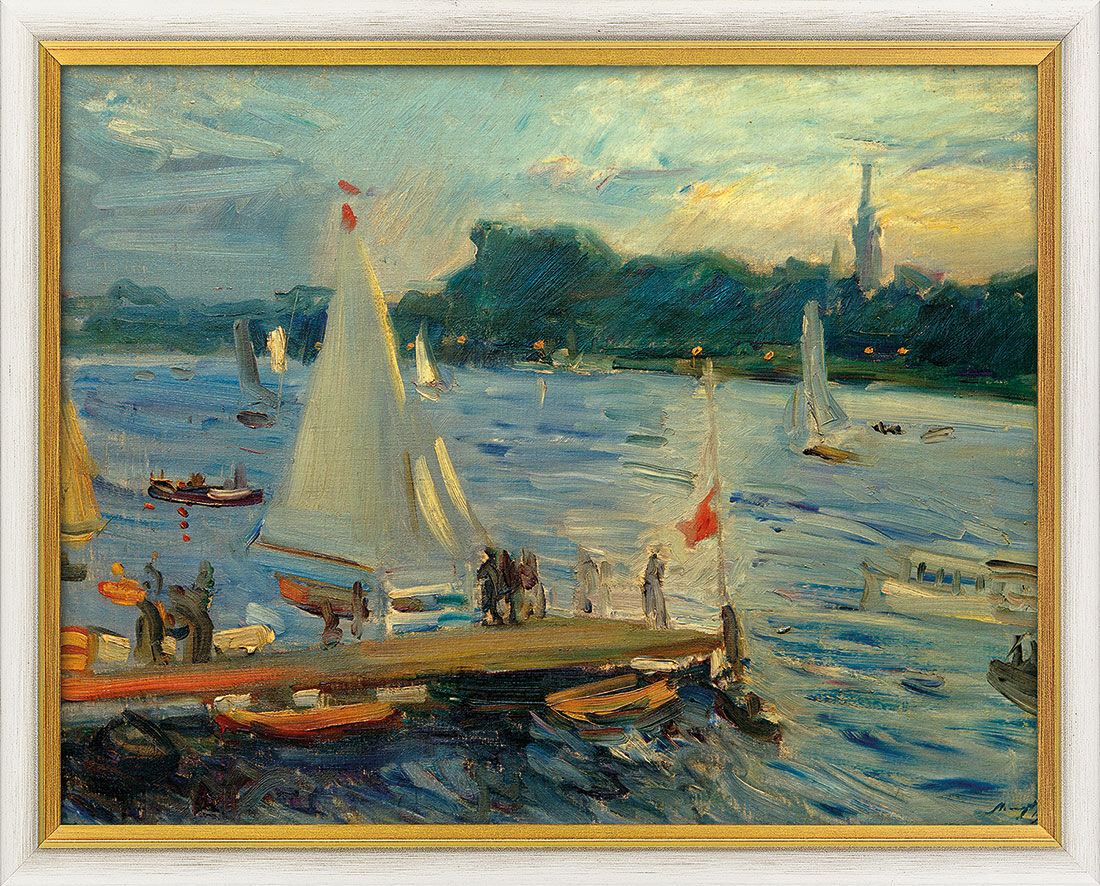 Bild "Segelboote auf der Alster am Abend" (1905), gerahmt von Max Slevogt