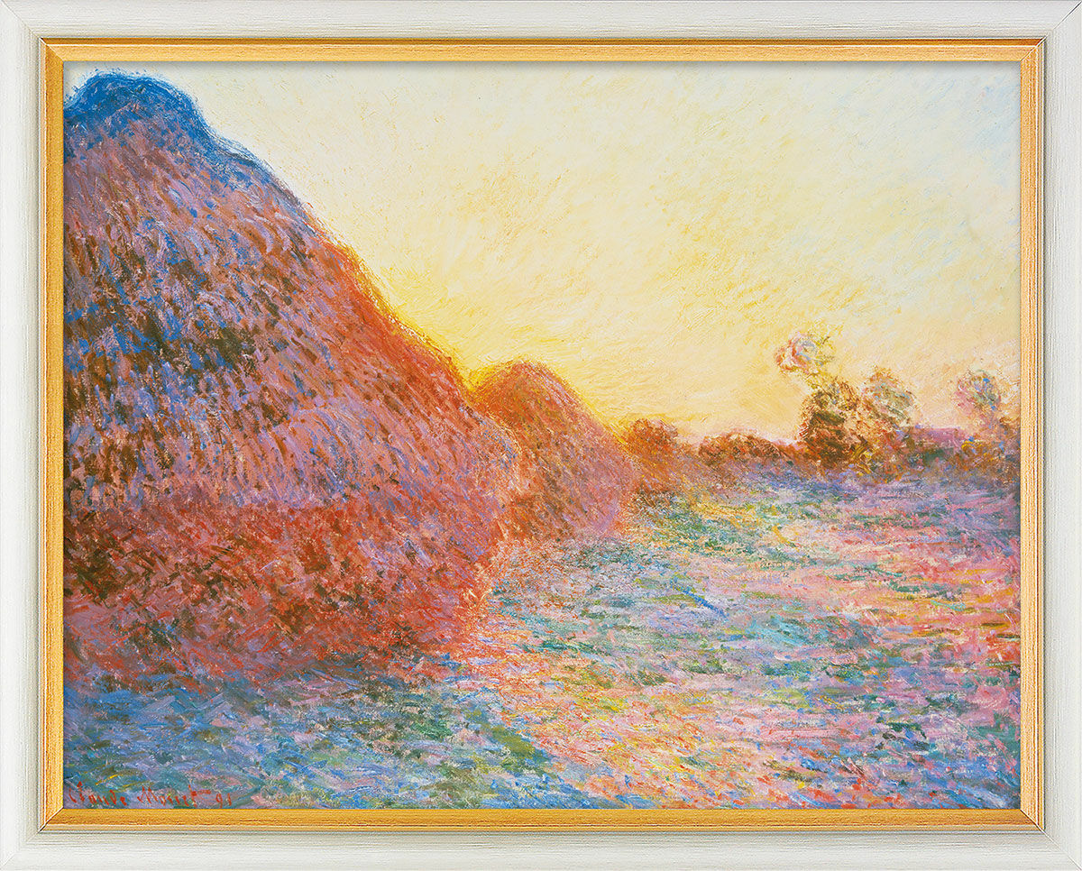Bild "Strohschober im Sonnenlicht" (1890), gerahmt von Claude Monet