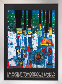 Tableau "Imaginez le monde de demain" (version bleue), encadré von Friedensreich Hundertwasser