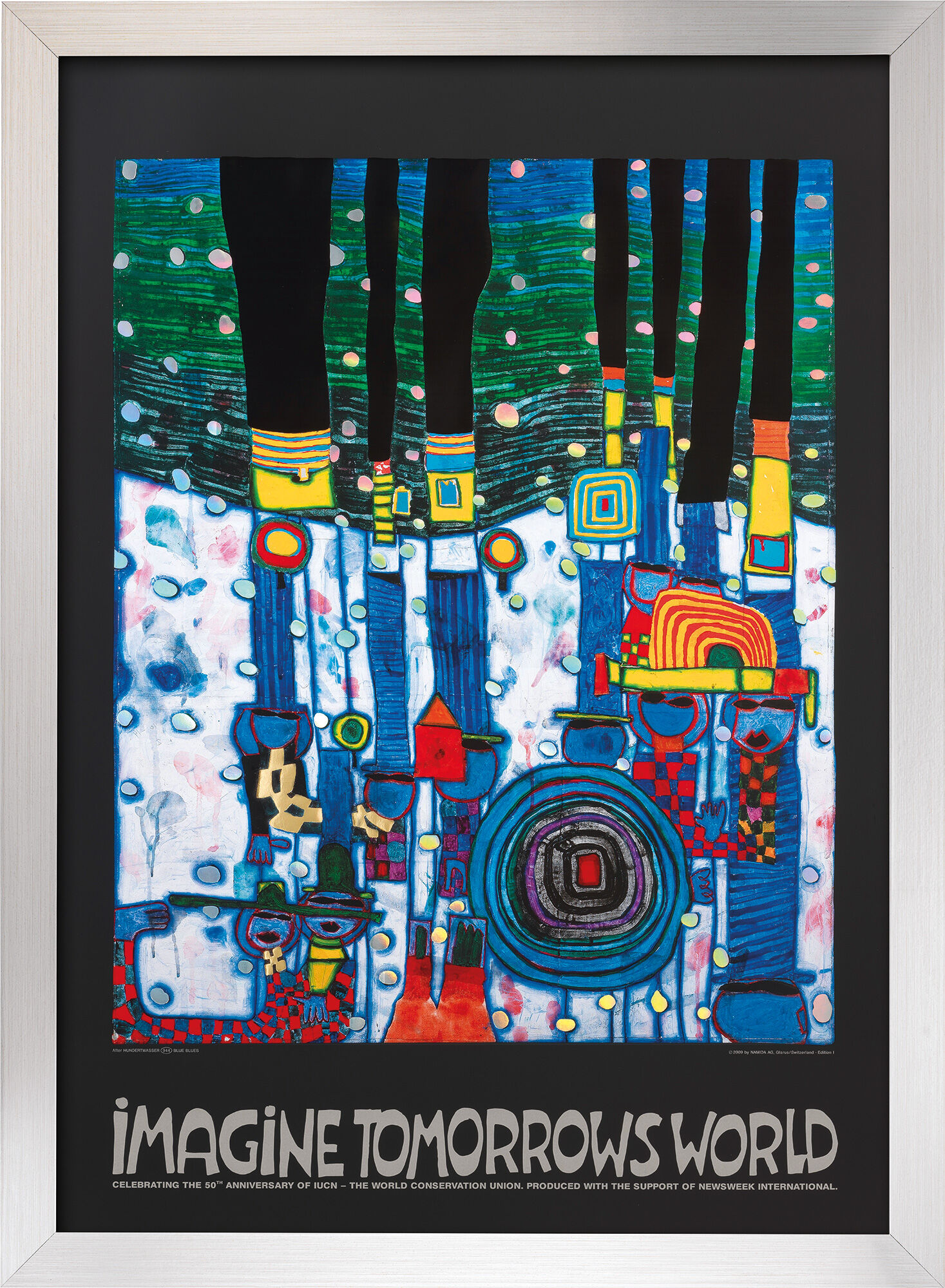 Beeld "Imagine tomorrows world" (blauwe versie), ingelijst von Friedensreich Hundertwasser