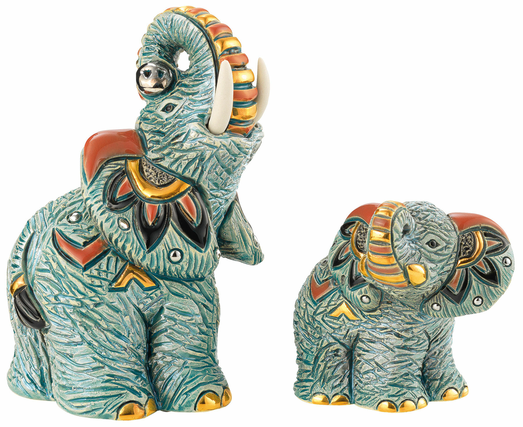 Lot de 2 figurines en céramique "Famille d'éléphants"