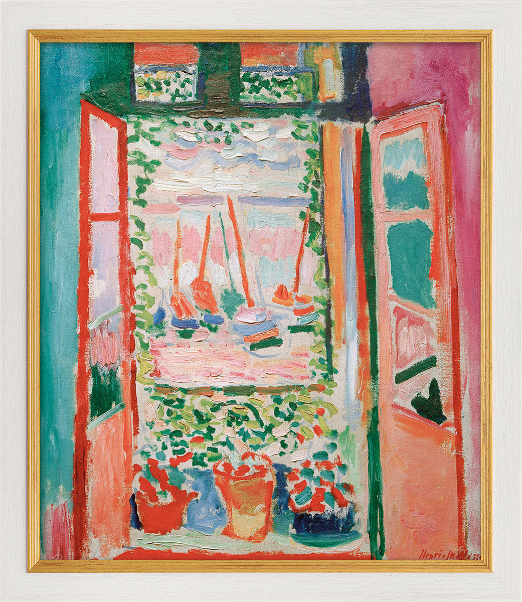 Billedet "Open Window in Collioure" (1905), hvid og gylden indrammet version af Henri Matisse