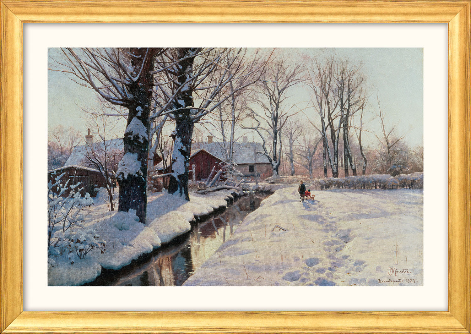 Cuadro "Paisaje invernal en Brøndbyvester" (1927), versión con marco dorado de Peder Mork Mönsted