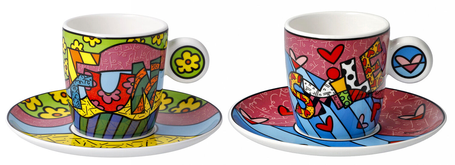 Set of 2 espresso cups with artist motifs "Fun & Smile", porcelain by Romero Britto