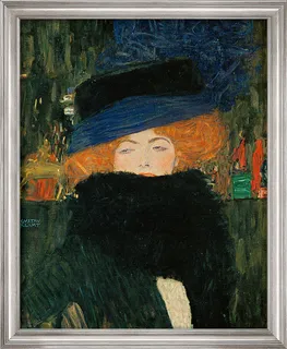 Bild "Bildnis einer Frau mit Hut und Federboa" (1909), gerahmt