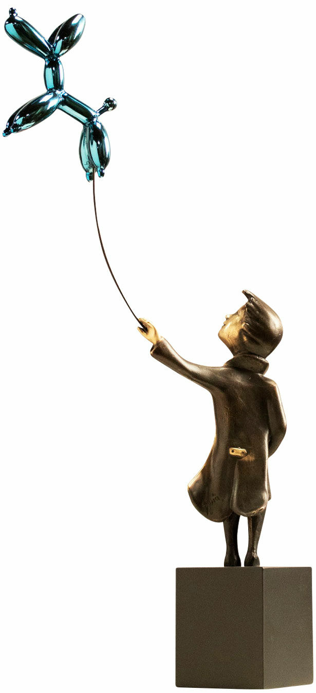 Sculpture "Garçon avec un chien au ballon bleu", bronze von Miguel Guía