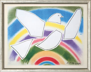 Bild "Fliegende Taube im Regenbogen" (1952), gerahmt