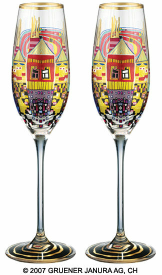 (882A) Set of two champagne glasses "Snail Houses with Black Smoke" by Friedensreich Hundertwasser